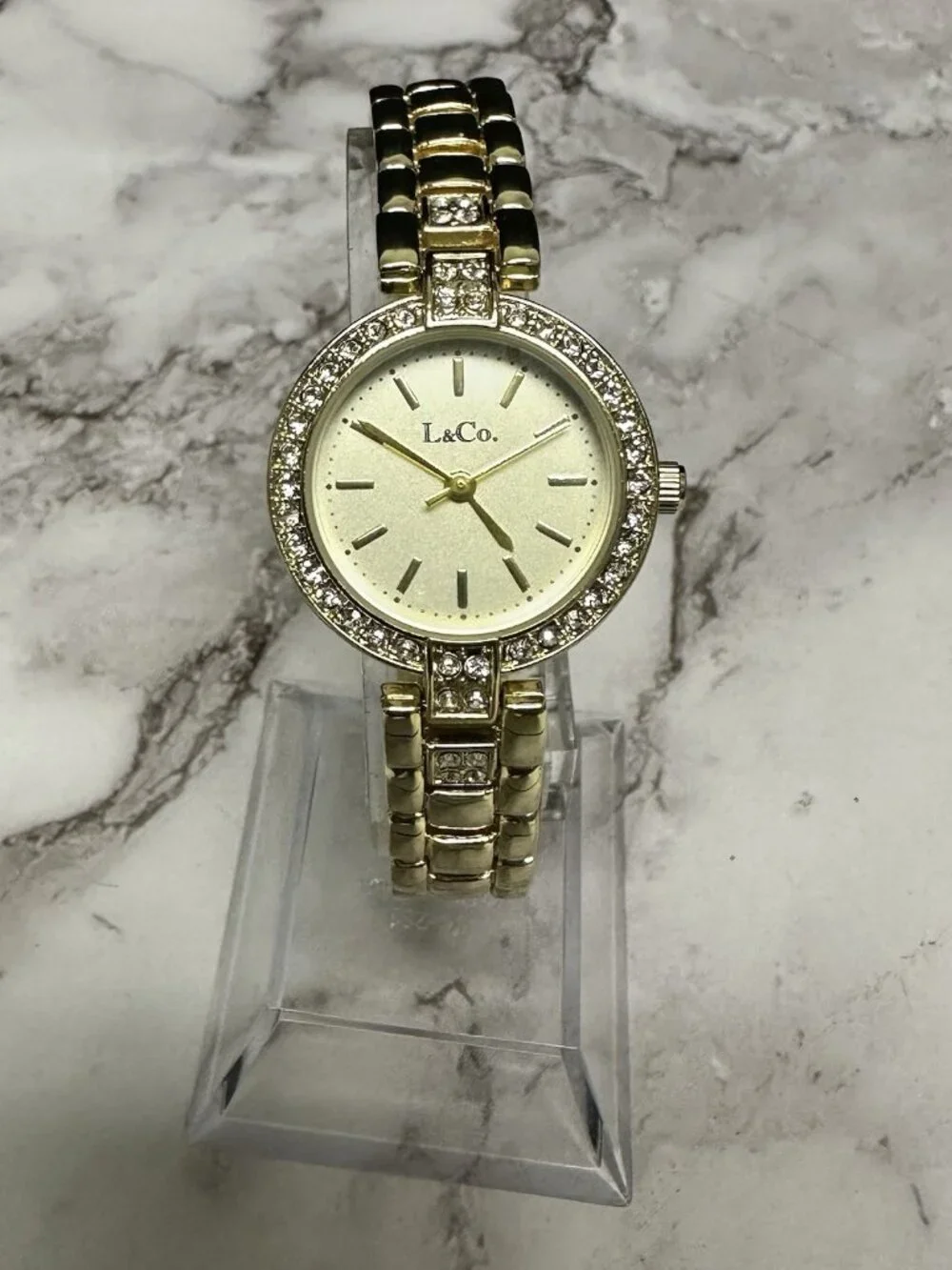 3/$30 L & Co Watch Women Gold Tone Round Dial Crystal Bezel New Battery 7.25